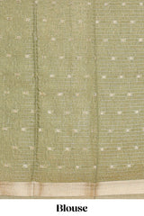 Green striped assam silk saree with small zari butta, botanical block print and zari striped pallu