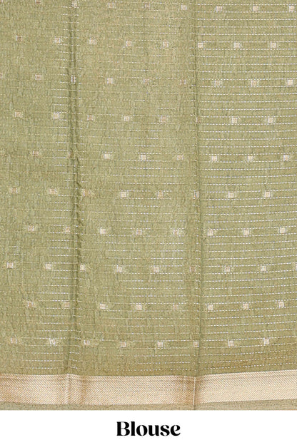 Green striped assam silk saree with small zari butta, botanical block print and zari striped pallu