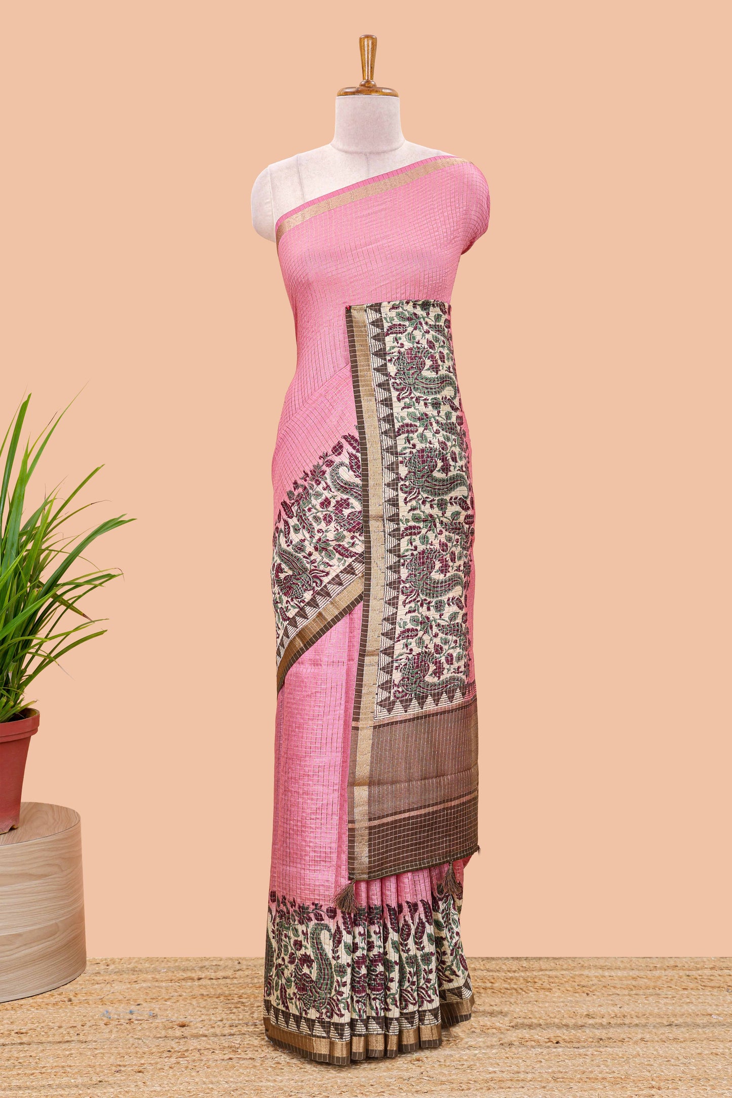 Pink assam silk saree with zari check, floral & peacock motifs, kalamkari print border and striped pallu
