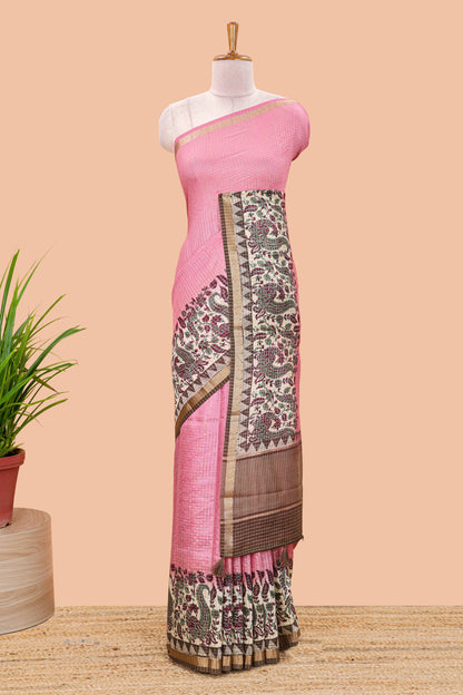 Pink assam silk saree with zari check, floral & peacock motifs, kalamkari print border and striped pallu