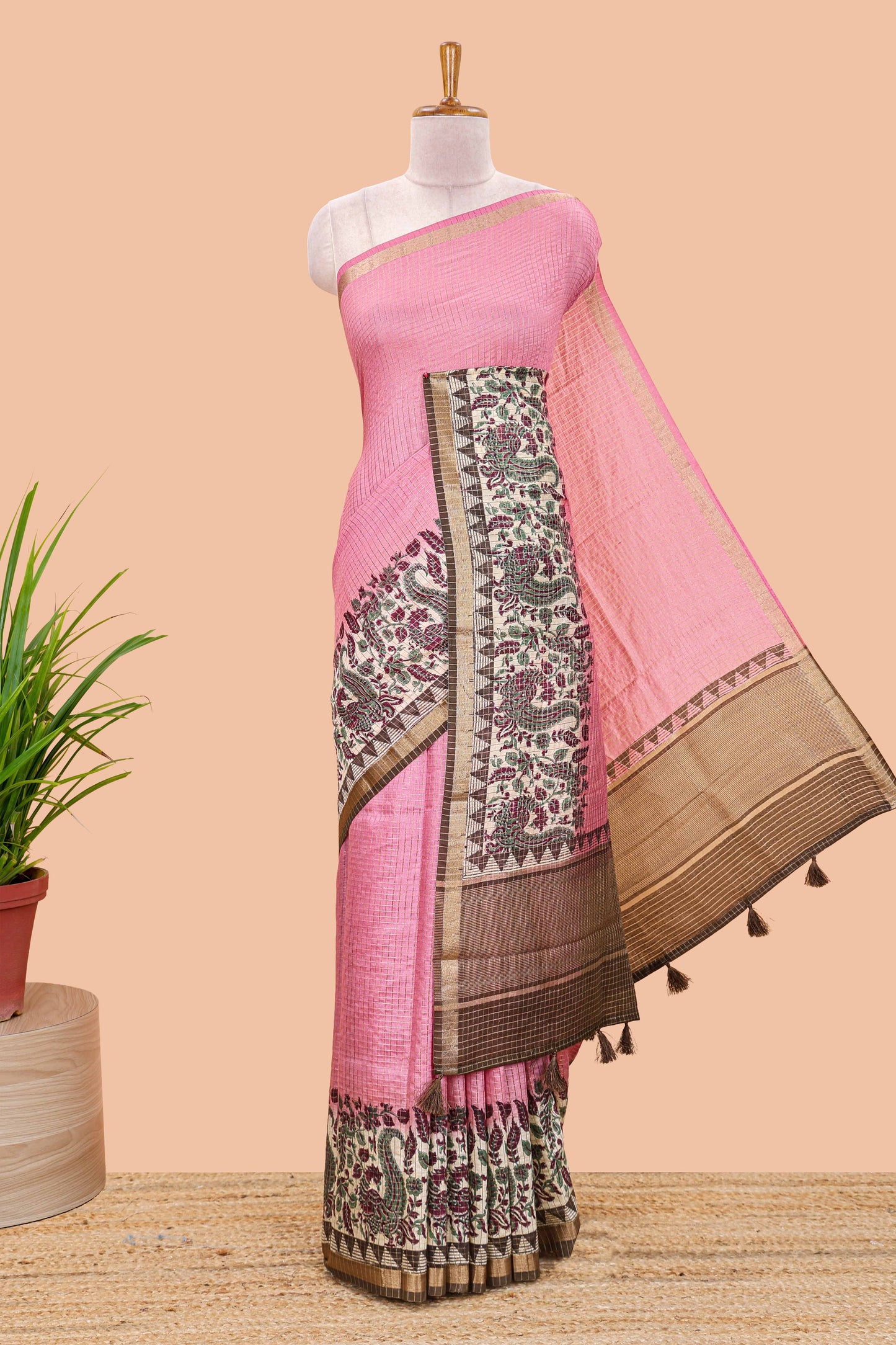 Pink assam silk saree with zari check, floral & peacock motifs, kalamkari print border and striped pallu