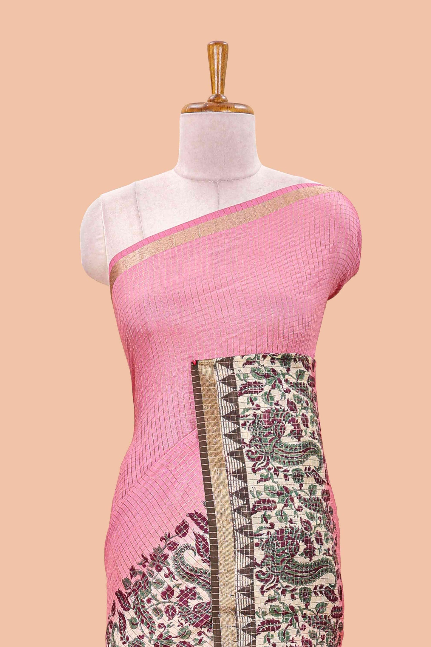 Pink assam silk saree with zari check, floral & peacock motifs, kalamkari print border and striped pallu