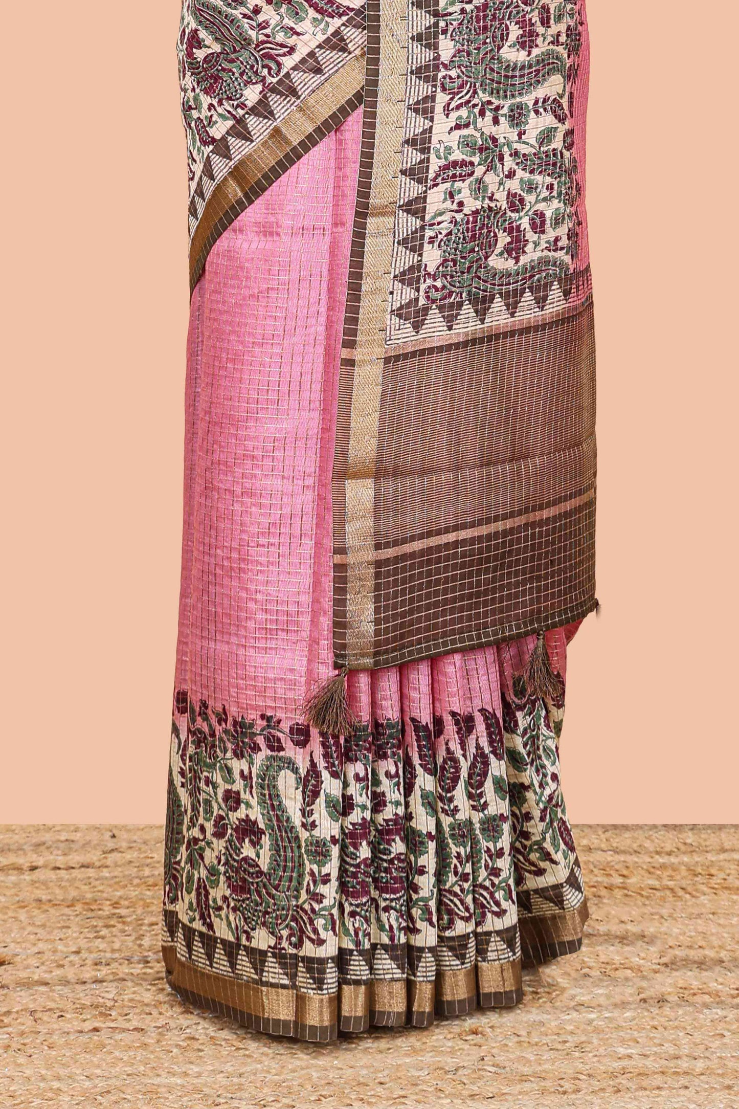 Pink assam silk saree with zari check, floral & peacock motifs, kalamkari print border and striped pallu