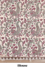 Pink assam silk saree with zari check, floral & peacock motifs, kalamkari print border and striped pallu