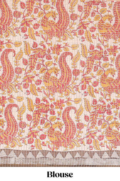 Mustard assam silk saree with zari check, floral & peacock motifs, kalamkari print border and striped pallu