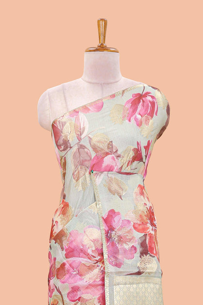 Green kota silk saree with zari butta and digital floral print pallu