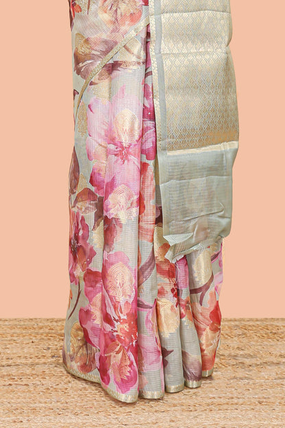 Green kota silk saree with zari butta and digital floral print pallu