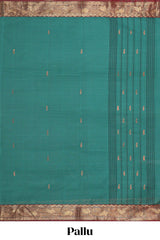 Green zari butta chettinad cotton saree with contrast zari border and matching striped pallu
