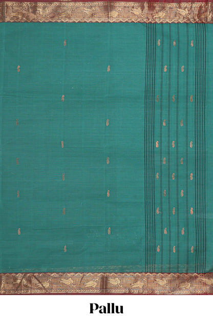 Green zari butta chettinad cotton saree with contrast zari border and matching striped pallu