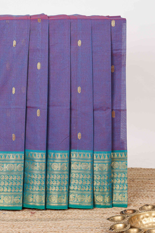 Lavender zari butta chettinad cotton saree with contrast zari border and manga motifs pallu