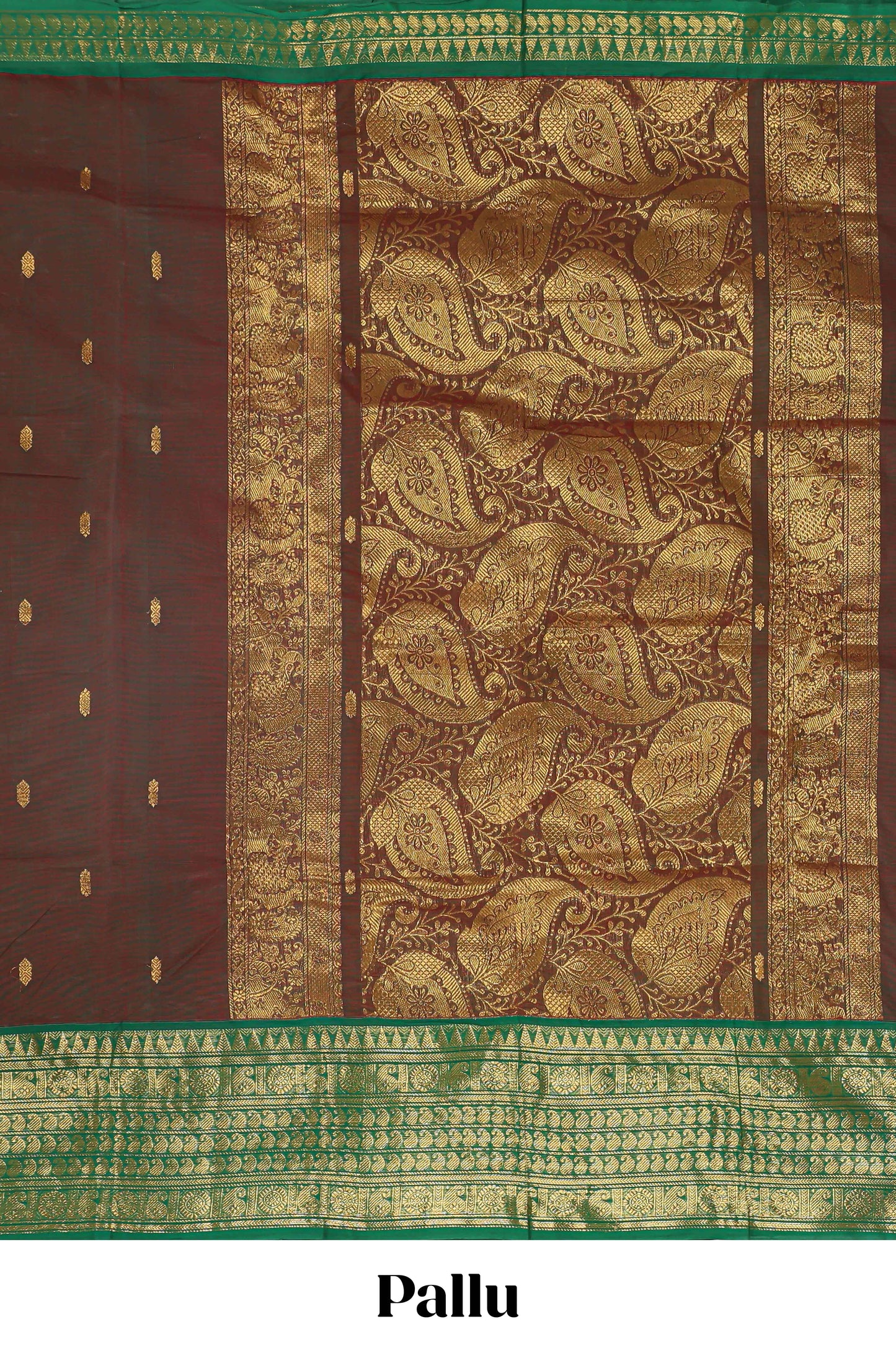 Brown zari butta chettinad cotton saree with contrast zari border and paisley pallu