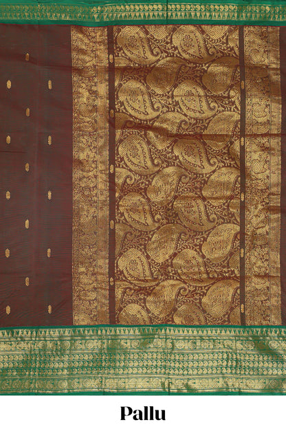 Brown zari butta chettinad cotton saree with contrast zari border and paisley pallu