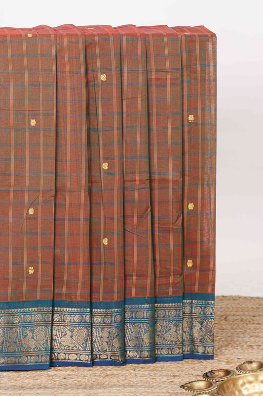 Brown checked zari butta chettinad cotton saree with contrast zari border and striped pallu
