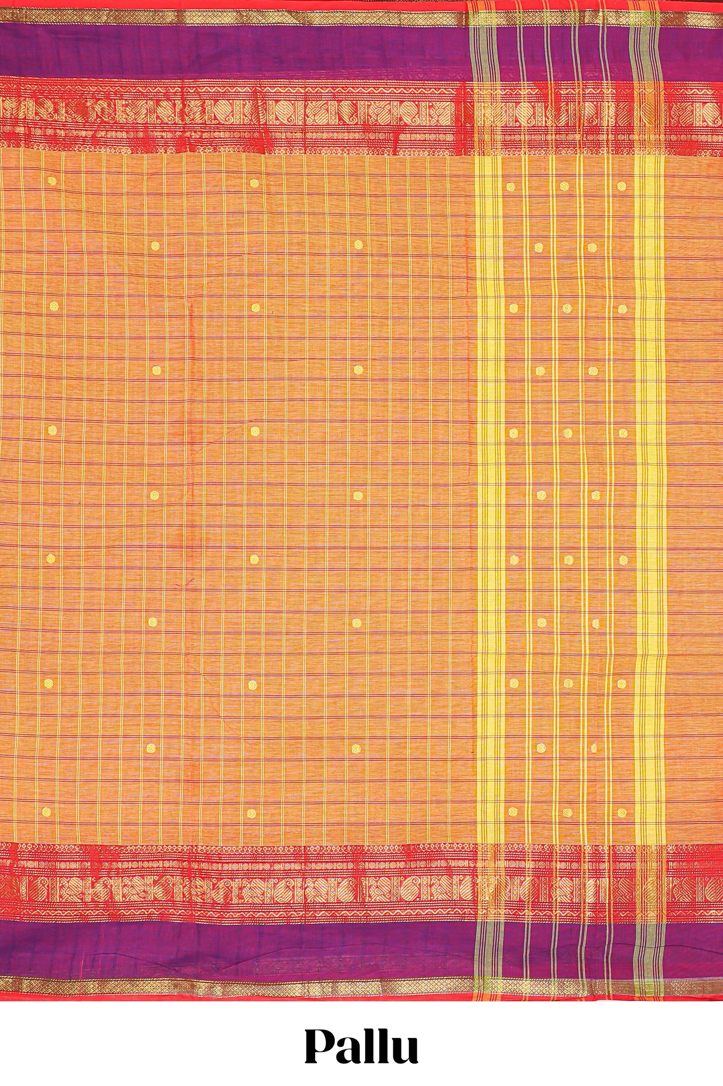 Orange checked zari butta chettinad cotton saree with contrast zari border and striped pallu