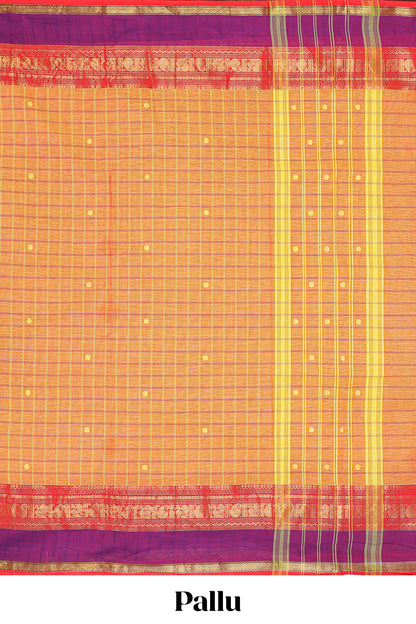 Orange checked zari butta chettinad cotton saree with contrast zari border and striped pallu