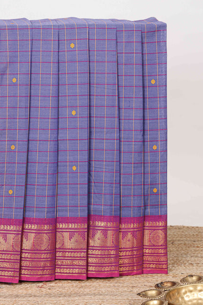 Lavender checked zari butta chettinad cotton saree with contrast zari border and striped pallu