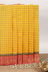 Yellow checked chettinad cotton saree with contrast zari border and stripe pallu