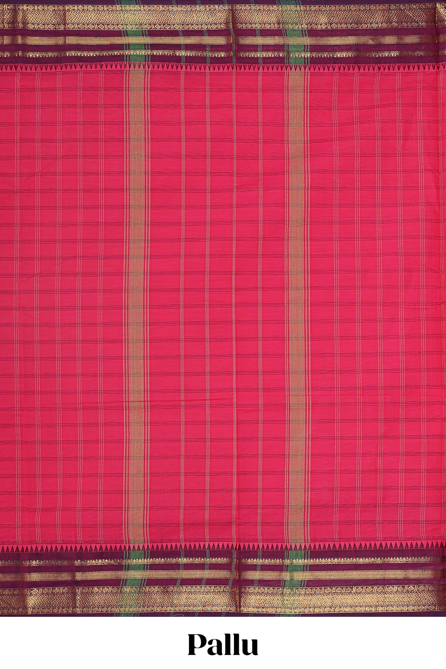 Pink checked chettinad cotton saree with contrast zari border and matching striped pallu