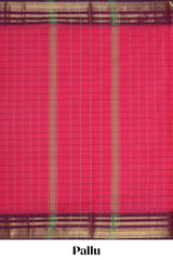 Pink checked chettinad cotton saree with contrast zari border and matching striped pallu