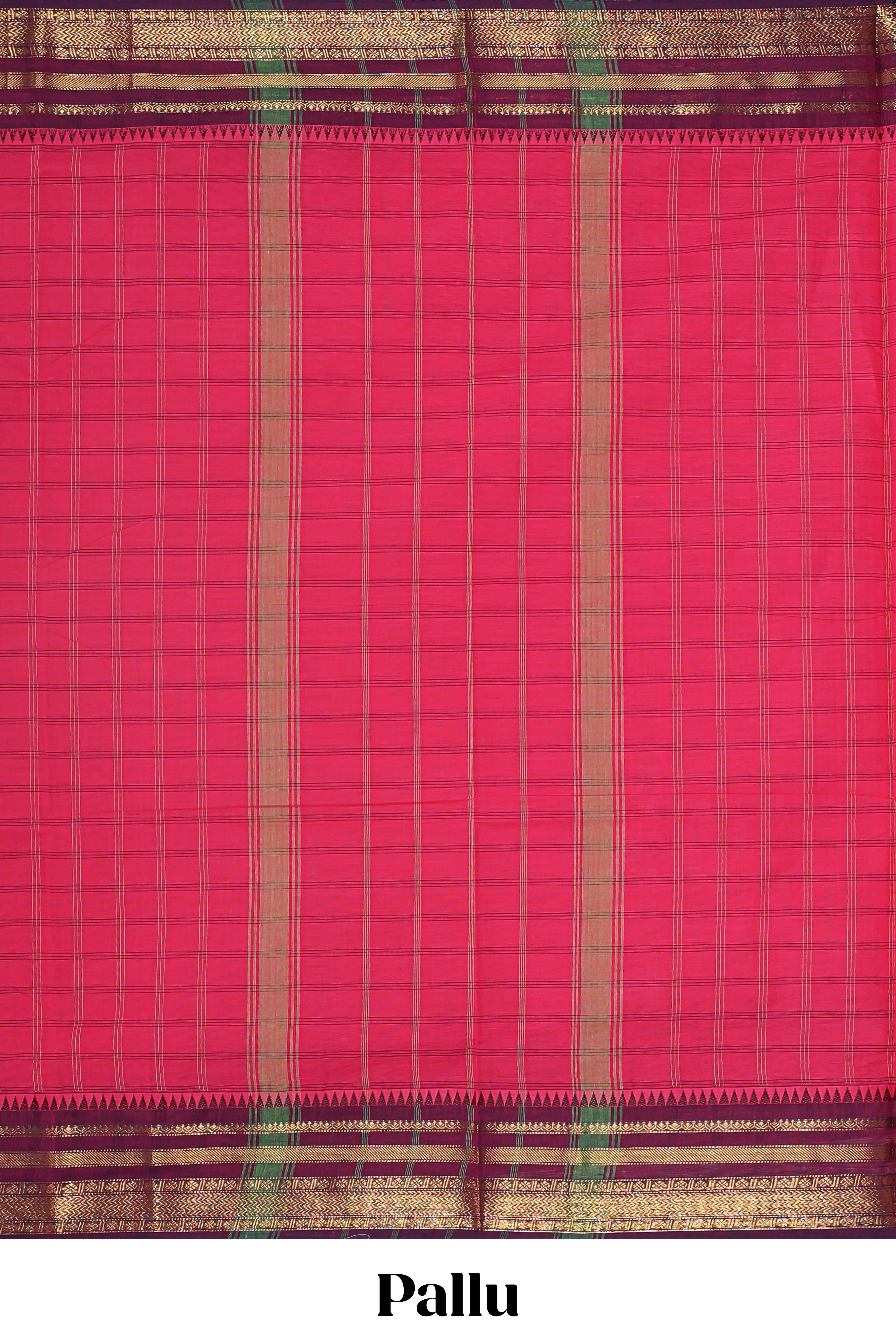 Pink checked chettinad cotton saree with contrast zari border and matching striped pallu