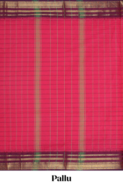 Pink checked chettinad cotton saree with contrast zari border and matching striped pallu