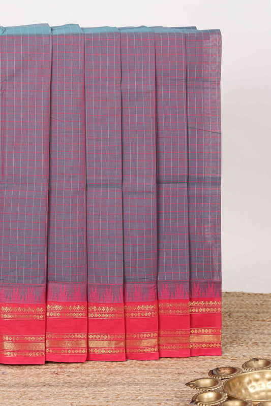 Lavender checked chettinad cotton saree with ikkat style contrast zari border and striped pallu