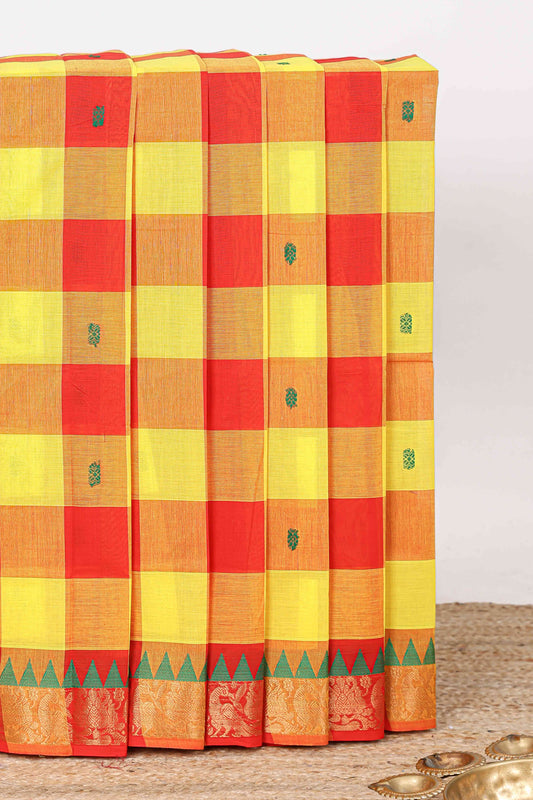 Multi color checked chettinad cotton saree with self zari border and striped pallu