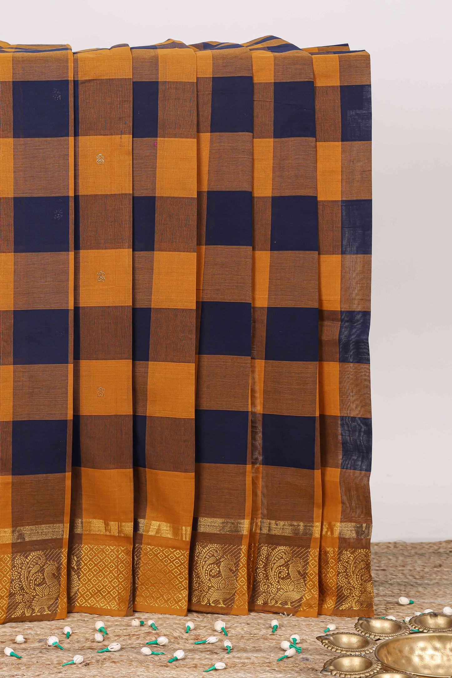 Multicolor checked butta chettinad cotton saree with self border and matching zari striped pallu