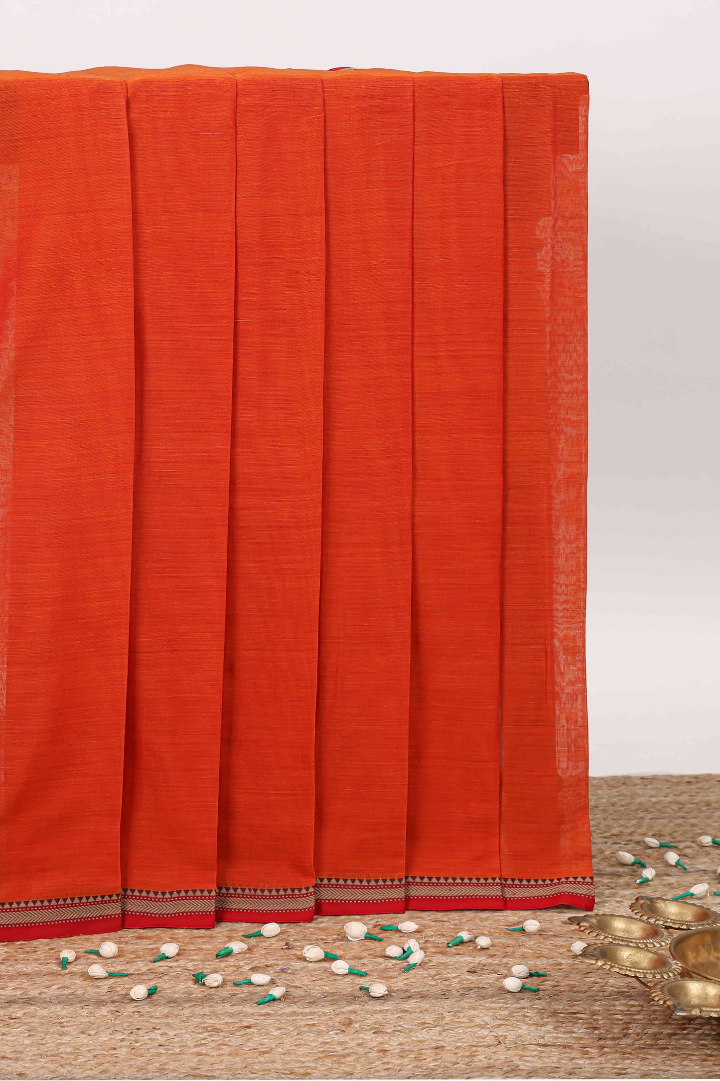 Red plain narayanpet cotton saree with self border and striped pallu