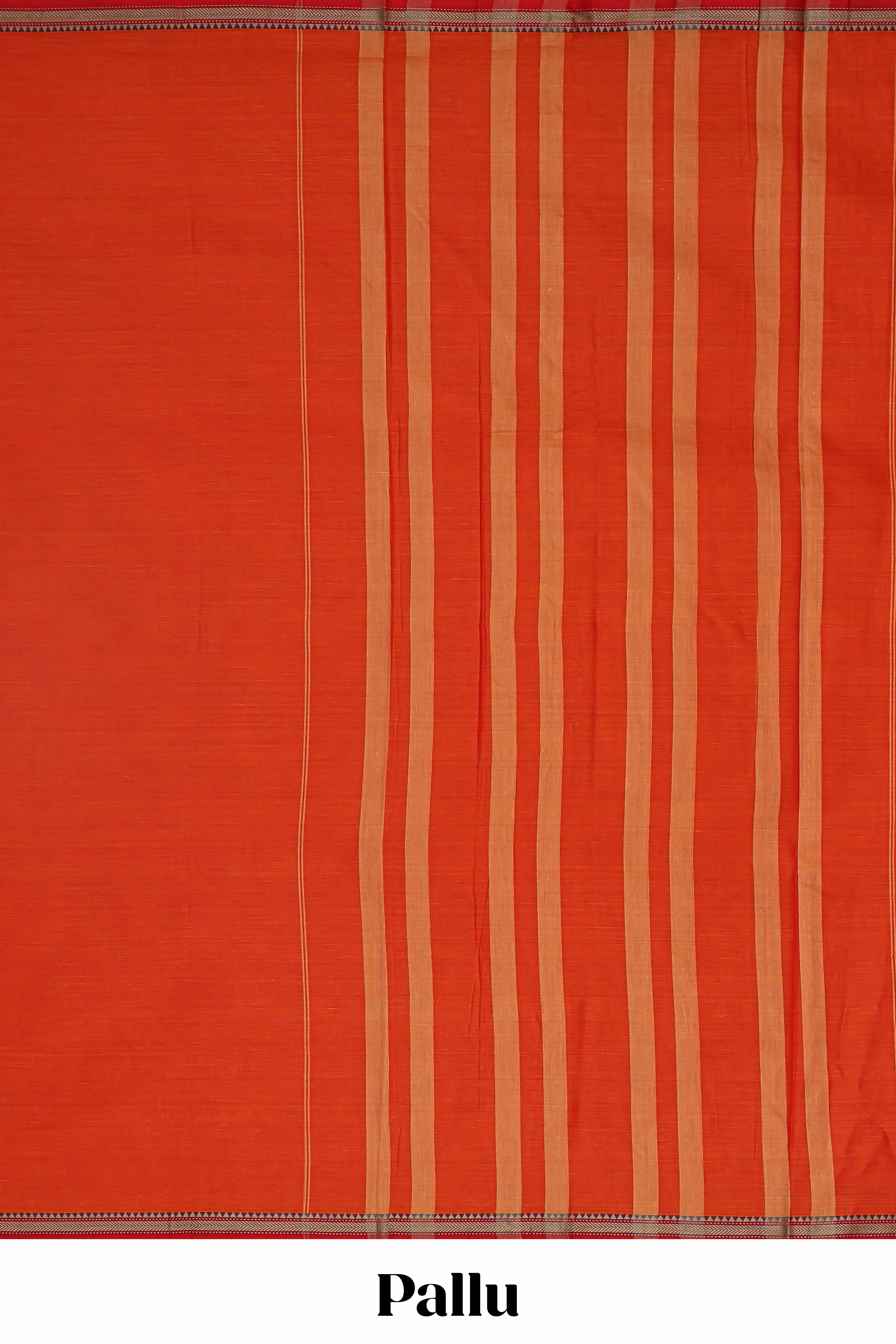 Red plain narayanpet cotton saree with self border and striped pallu