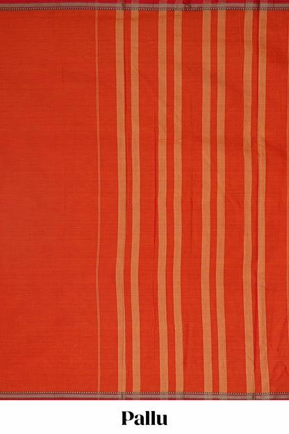 Red plain narayanpet cotton saree with self border and striped pallu