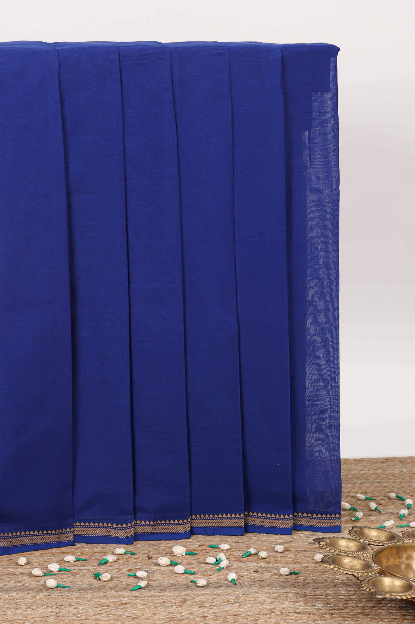 Blue plain narayanpet cotton saree with self border and block stripe pallu