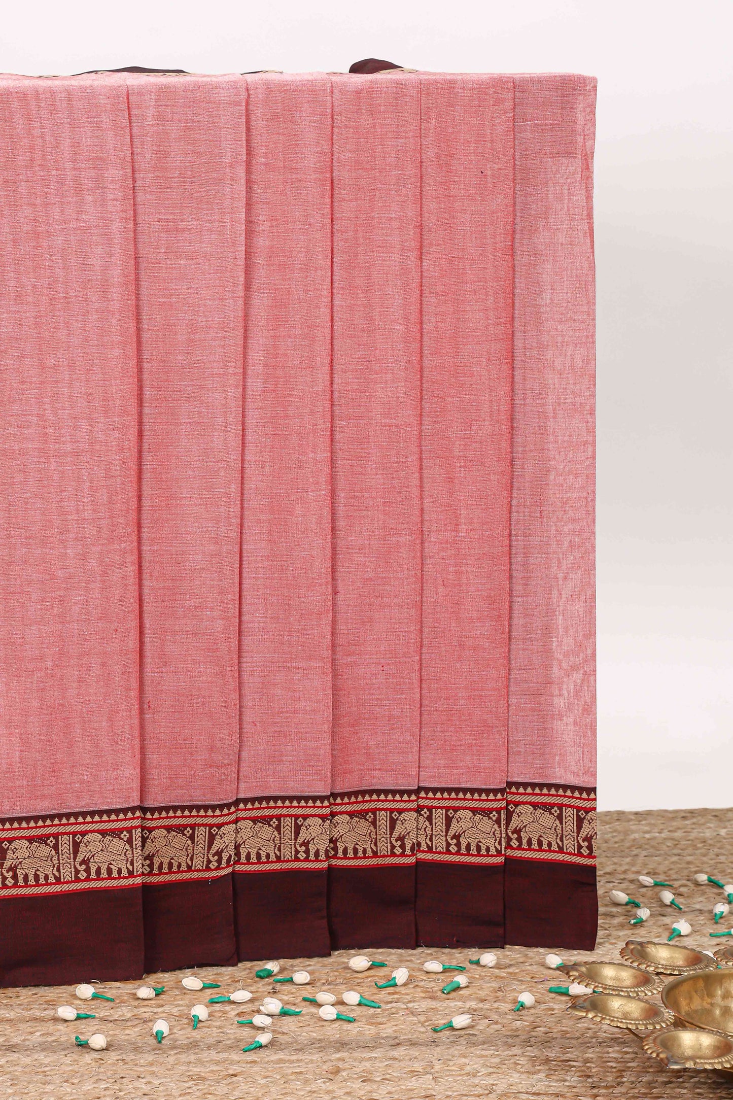 Pink plain narayanpet cotton saree with self border and striped pallu