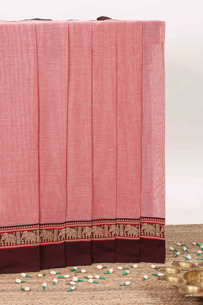 Pink plain narayanpet cotton saree with self border and striped pallu