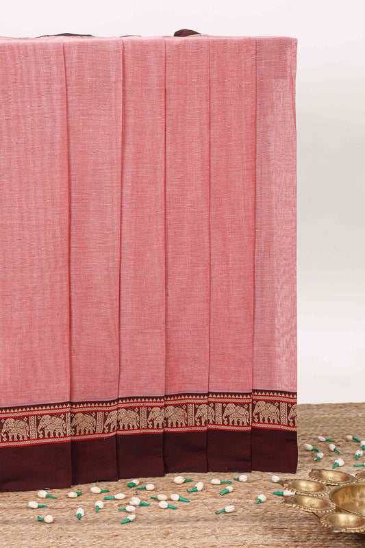 Pink plain narayanpet cotton saree with self border and striped pallu