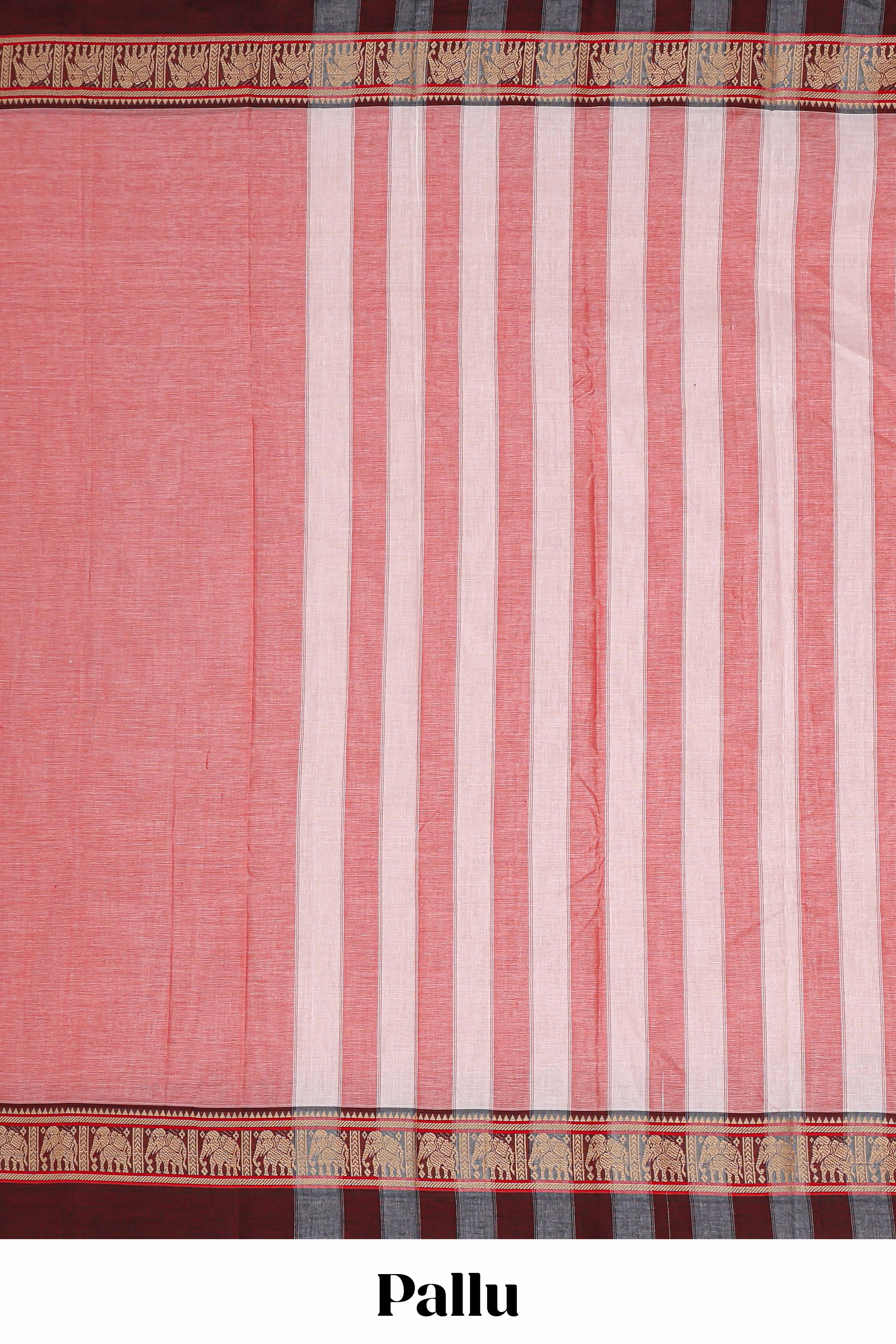 Pink plain narayanpet cotton saree with self border and striped pallu