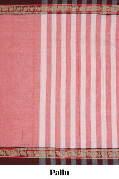 Pink plain narayanpet cotton saree with self border and striped pallu