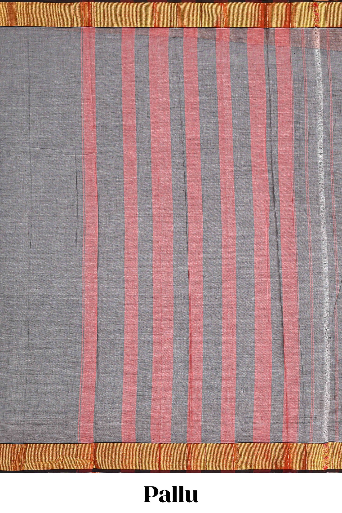 Grey plain narayanpet cotton saree with contrast border and striped pallu