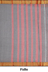 Grey plain narayanpet cotton saree with contrast border and striped pallu