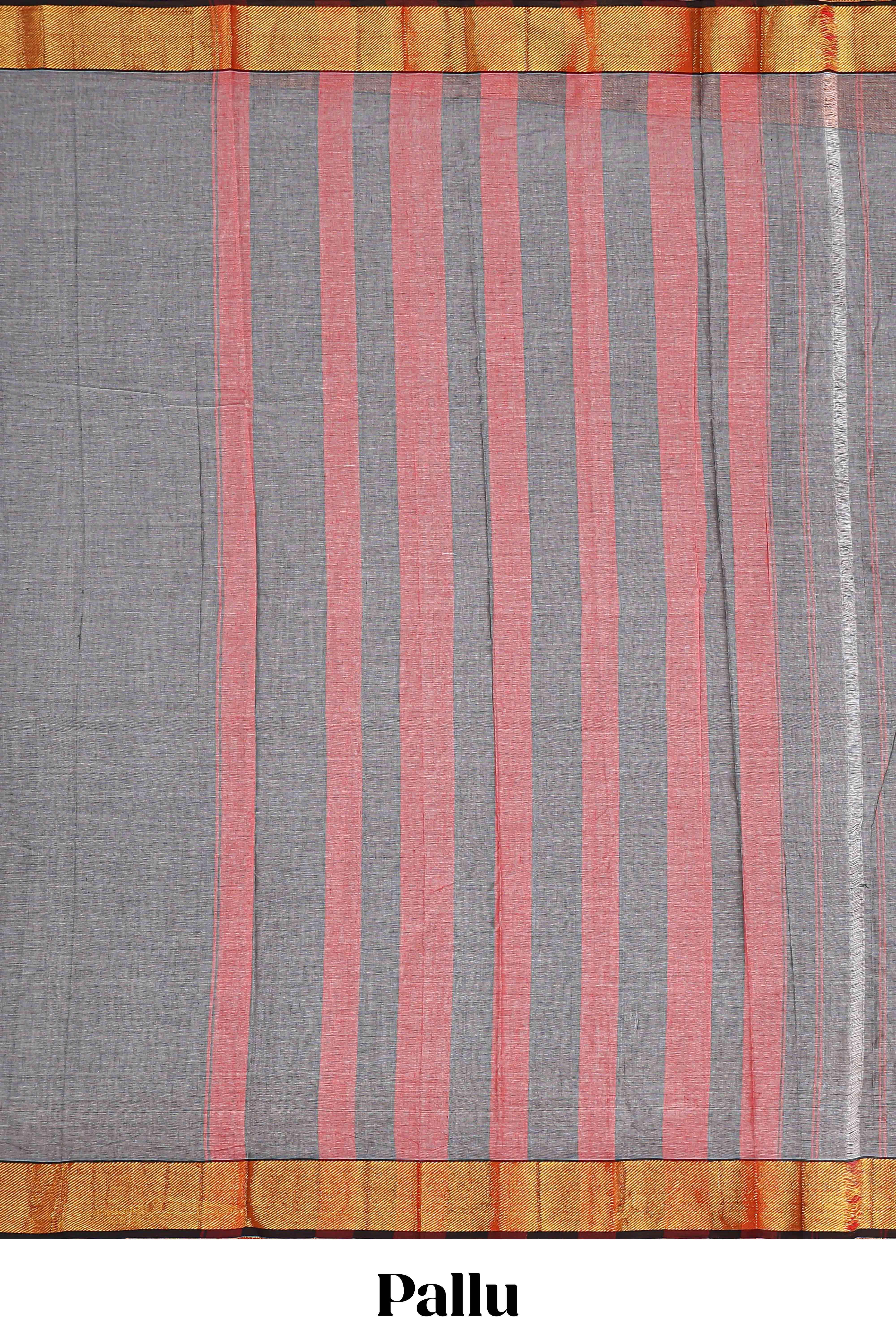 Grey plain narayanpet cotton saree with contrast border and striped pallu