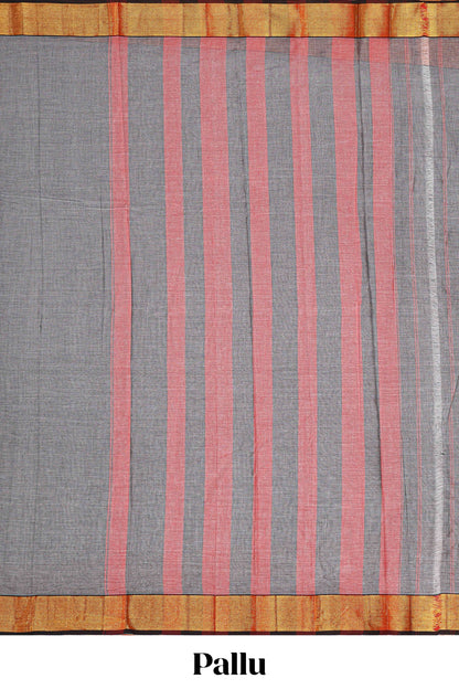 Grey plain narayanpet cotton saree with contrast border and striped pallu