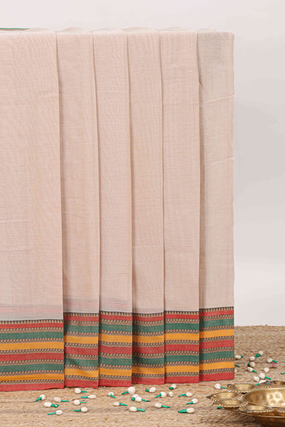 Beige plain narayanpet cotton saree with contrast border and striped pallu
