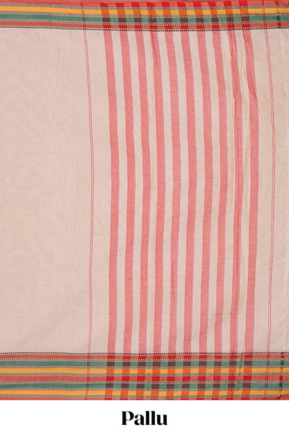 Beige plain narayanpet cotton saree with contrast border and striped pallu