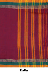 Maroon plain narayanpet cotton saree with contrast border and striped pallu