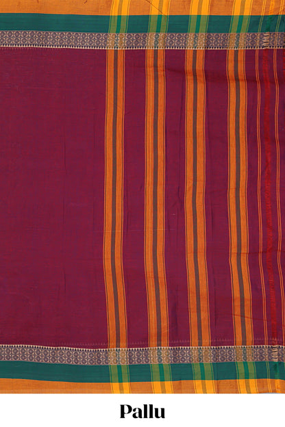 Maroon plain narayanpet cotton saree with contrast border and striped pallu