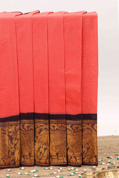 Pink plain sungudi cotton saree with contrast elephant design zari border and striped pallu