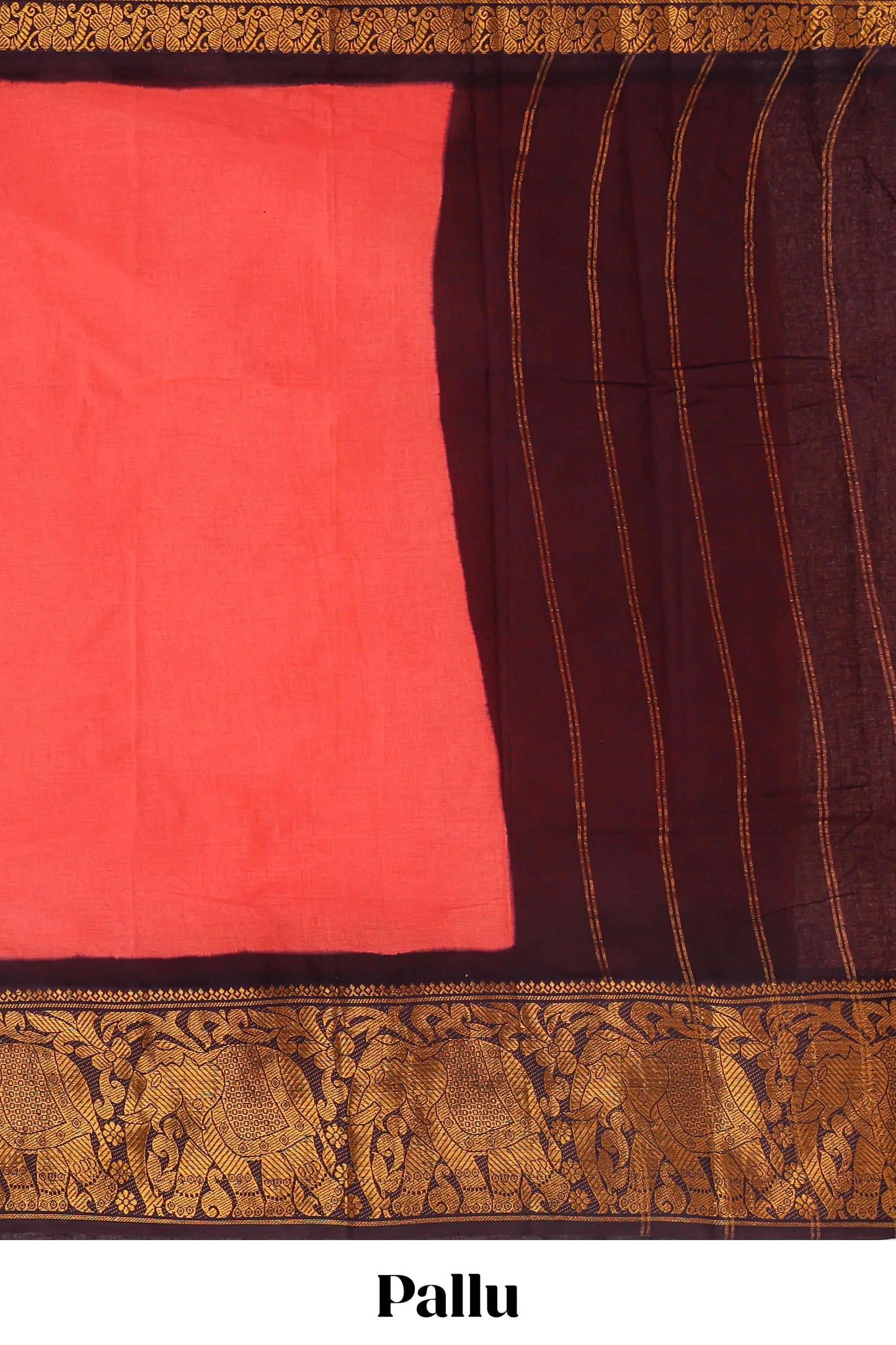 Pink plain sungudi cotton saree with contrast elephant design zari border and striped pallu