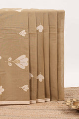 Beige floral embroidery butta bengal cotton saree with contrast border and matching pallu