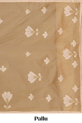 Beige floral embroidery butta bengal cotton saree with contrast border and matching pallu
