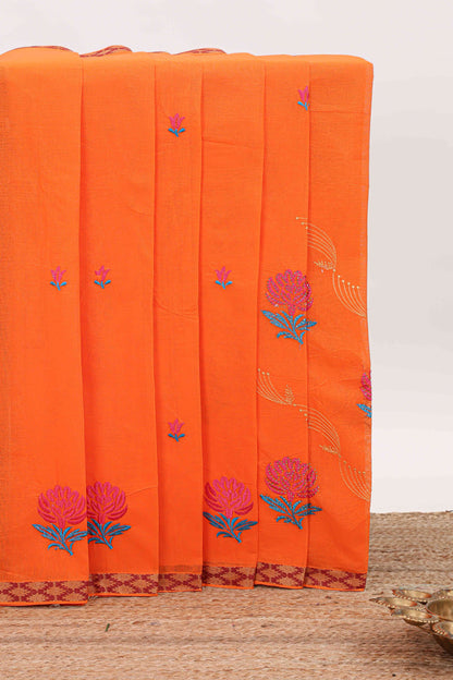 Orange floral embroidery butta bengal cotton saree with contrast border and matching pallu